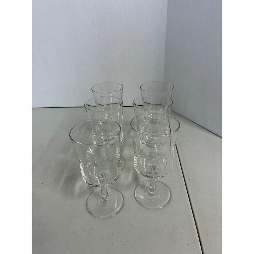 Set of 6 Clear Glass Stemmed Wine Goblets Optic Ring 7 inch MCM Style Barware